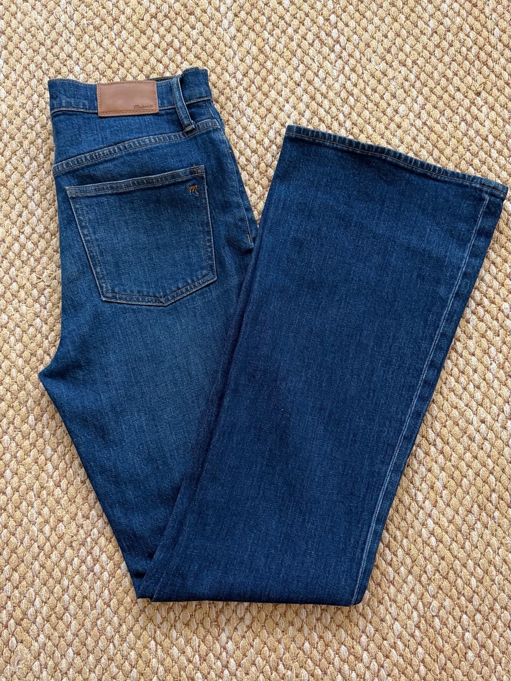 Madewell Dark Indigo Wide-Leg Flare Jeans with Leather Patch